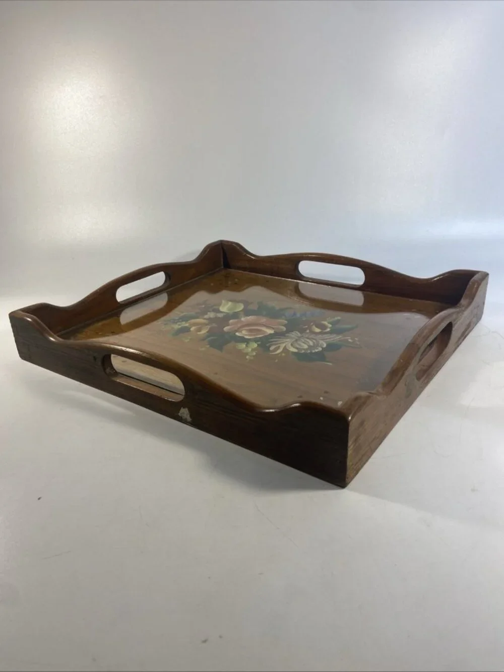 Vintage Wooden Serving Tray 12.5 x 13.75 Hand Painted Floral Scalloped Edges